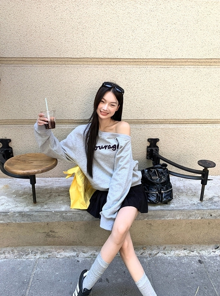 Trendy Gray Off Shoulder Long Sleeve Sweatshirt Jacket