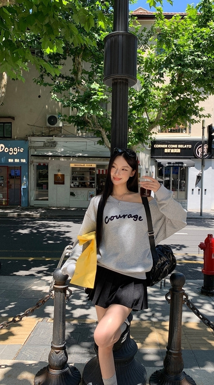 Trendy Gray Off Shoulder Long Sleeve Sweatshirt Jacket