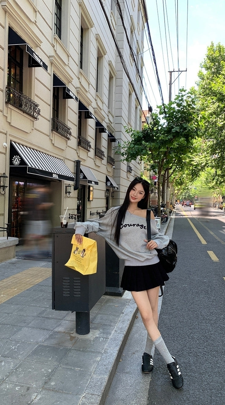 Trendy Gray Off Shoulder Long Sleeve Sweatshirt Jacket