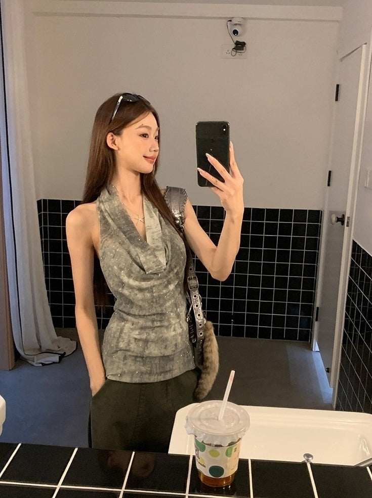 Trendy Halter Neck Backless Cowl Tank Top