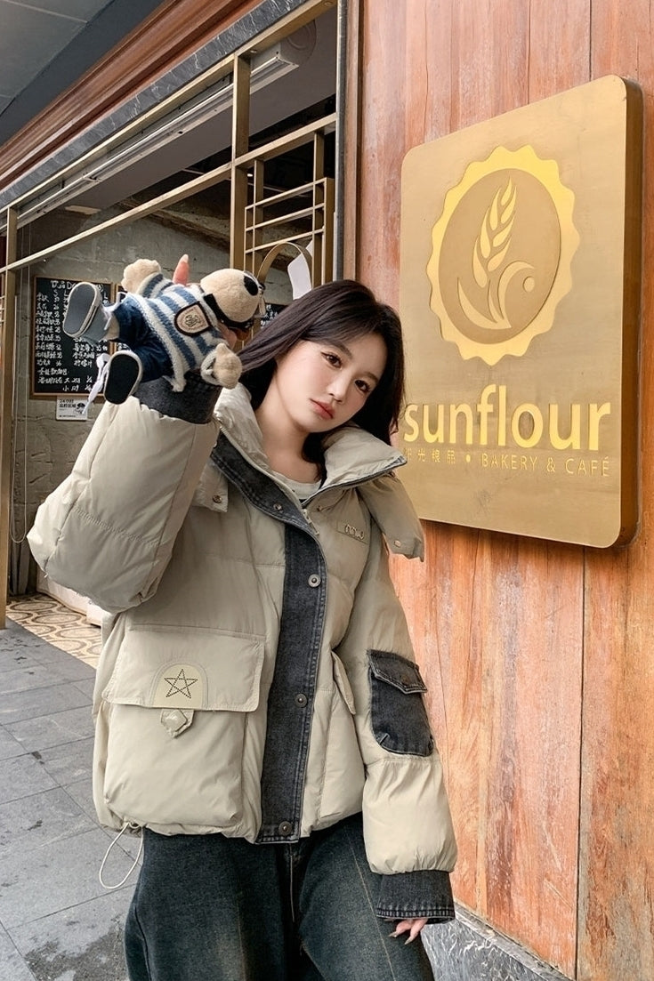 Trendy Short Puffer Jacket Denim Patchwork Warm Outerwear