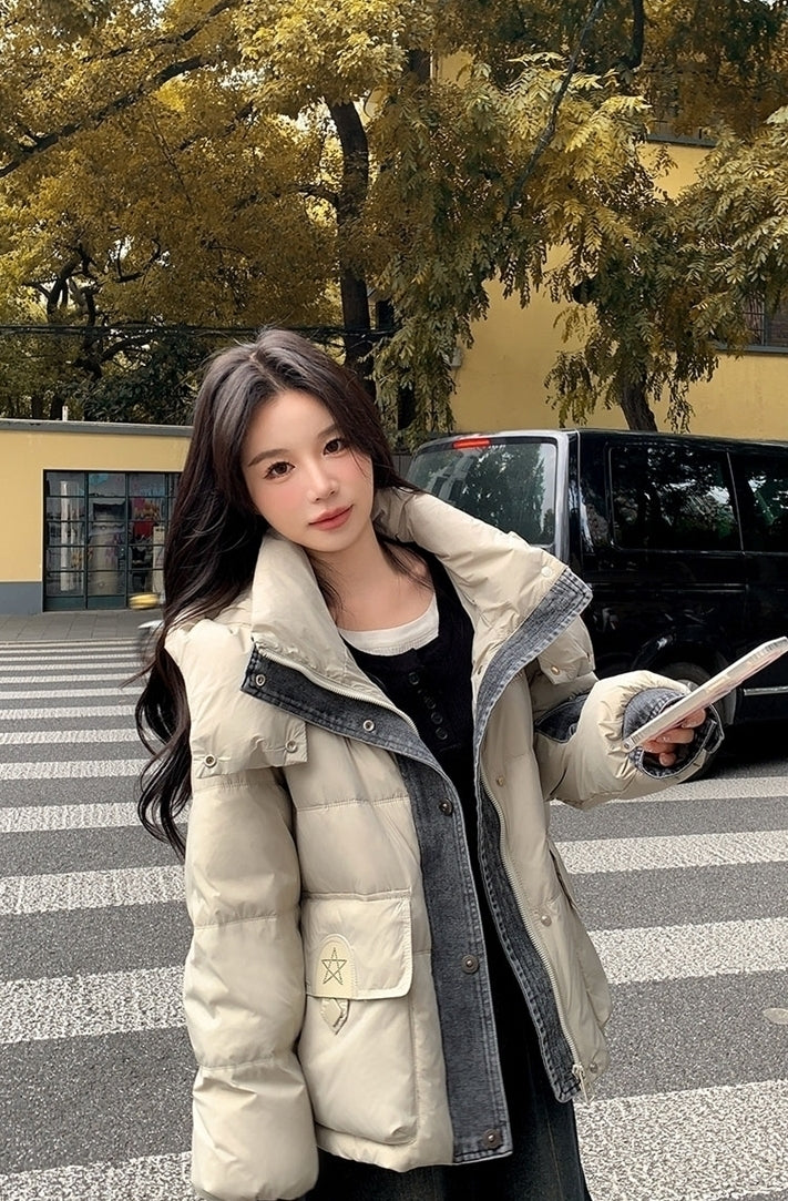 Trendy Short Puffer Jacket Denim Patchwork Warm Outerwear