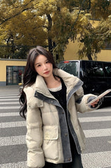 Trendy Short Puffer Jacket Denim Patchwork Warm Outerwear