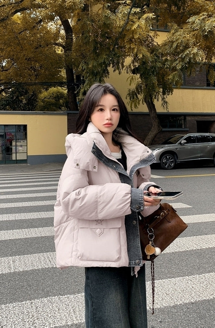 Trendy Short Puffer Jacket Denim Patchwork Warm Outerwear