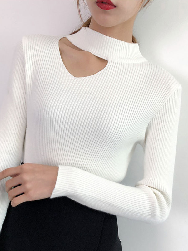 White Collarbone Cut Ribbed Sweater