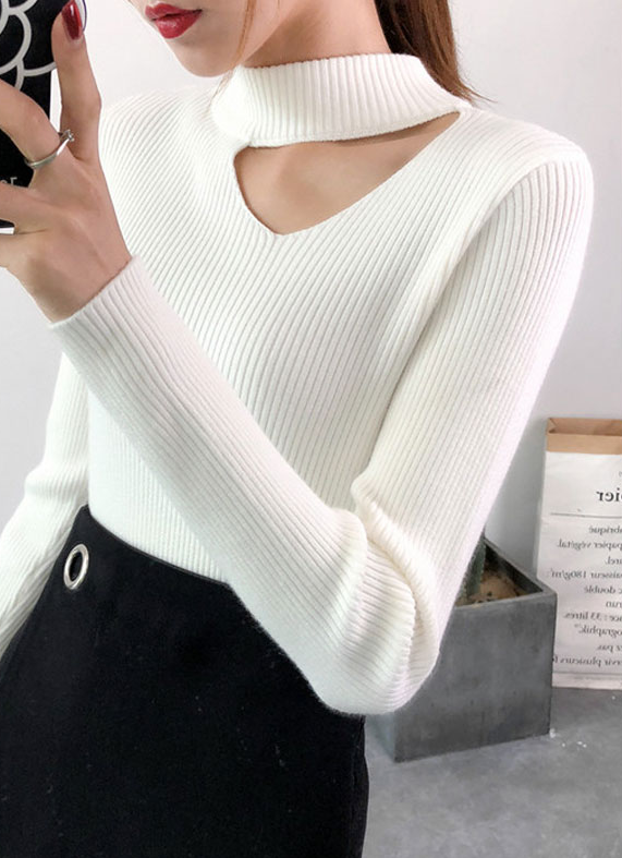 White Collarbone Cut Ribbed Sweater