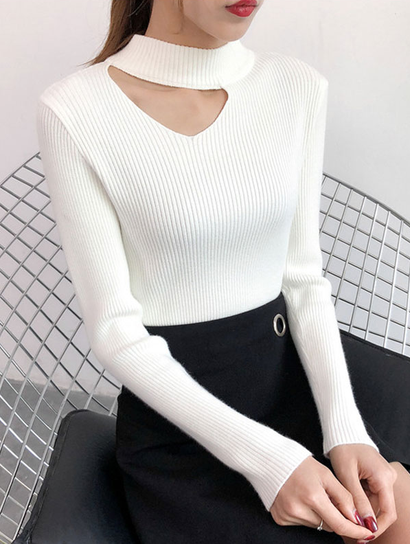 White Collarbone Cut Ribbed Sweater
