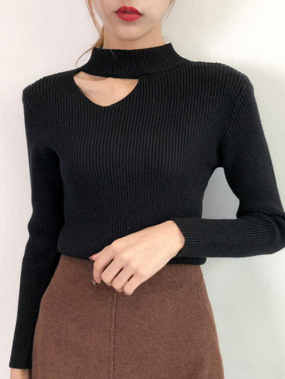 White Collarbone Cut Ribbed Sweater