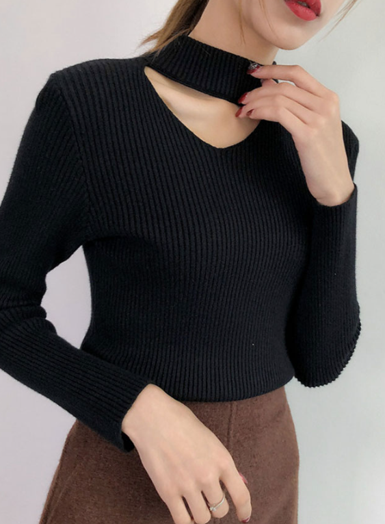 White Collarbone Cut Ribbed Sweater