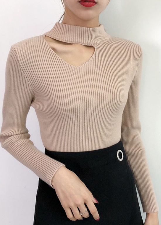 White Collarbone Cut Ribbed Sweater