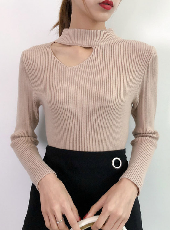 White Collarbone Cut Ribbed Sweater