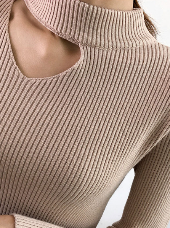 White Collarbone Cut Ribbed Sweater