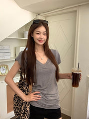 V Neck Grey Short Sleeve Summer Top