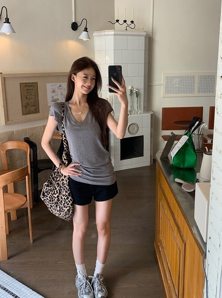 V Neck Grey Short Sleeve Summer Top