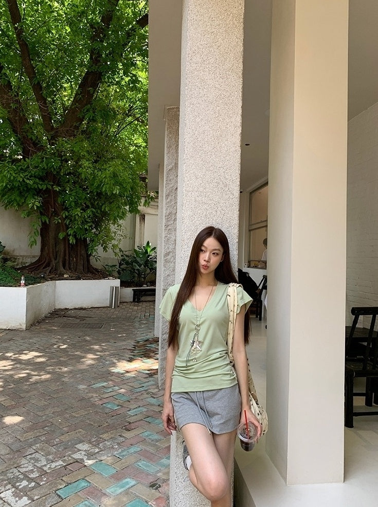 V Neck Grey Short Sleeve Summer Top