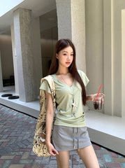 V Neck Grey Short Sleeve Summer Top