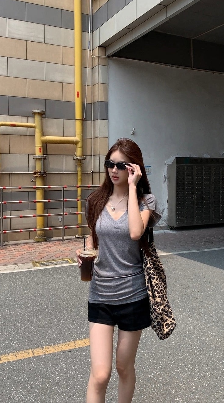 V Neck Grey Short Sleeve Summer Top