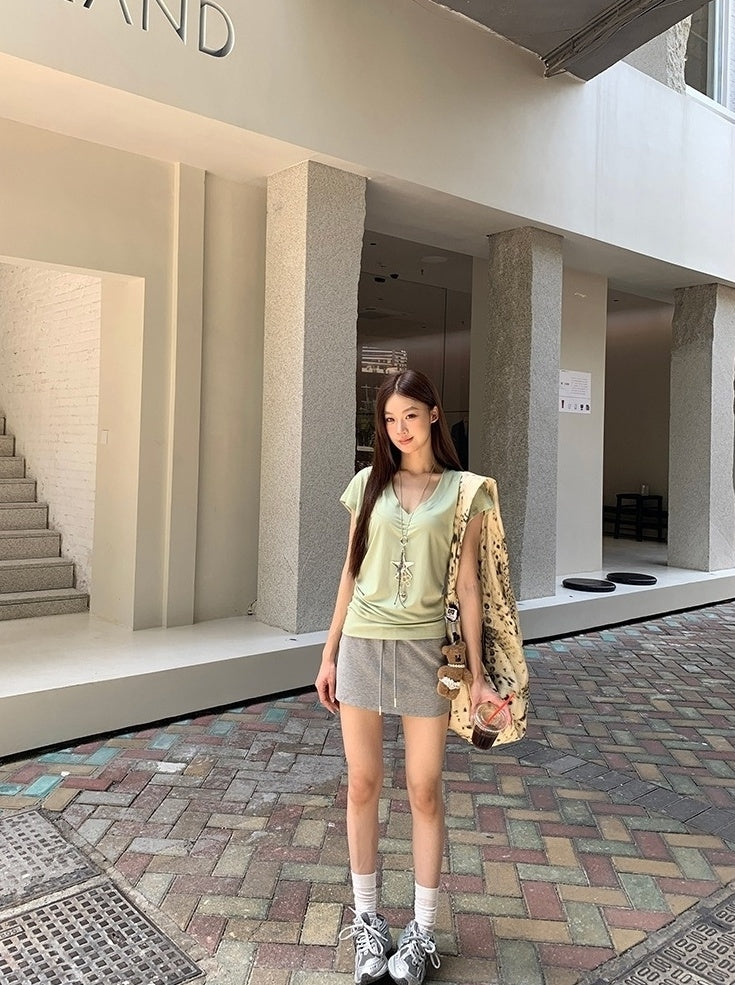 V Neck Grey Short Sleeve Summer Top