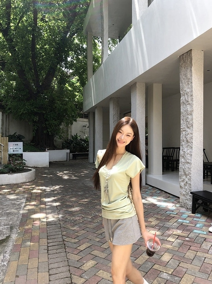 V Neck Grey Short Sleeve Summer Top