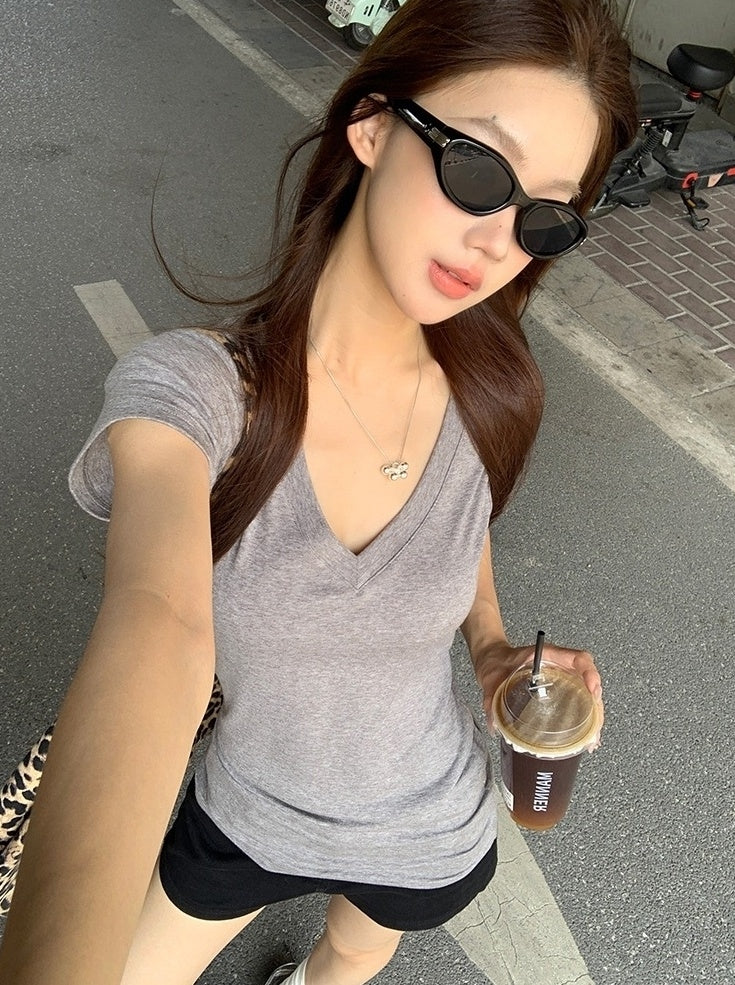 V Neck Grey Short Sleeve Summer Top