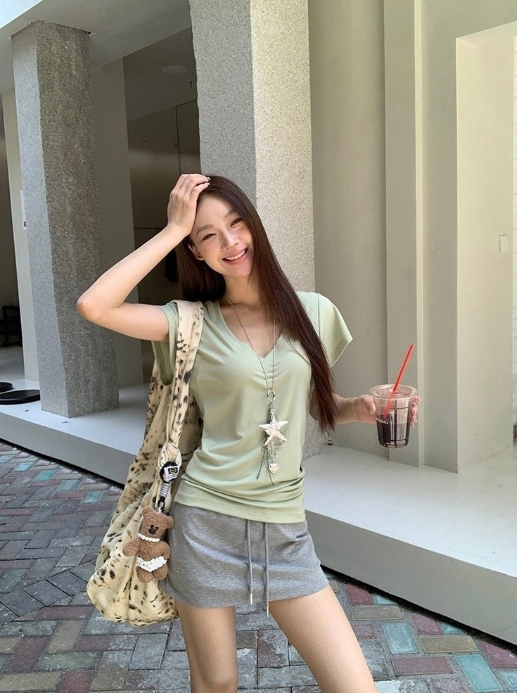 V Neck Grey Short Sleeve Summer Top