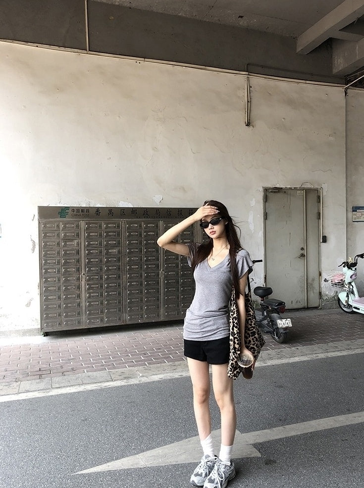 V Neck Grey Short Sleeve Summer Top