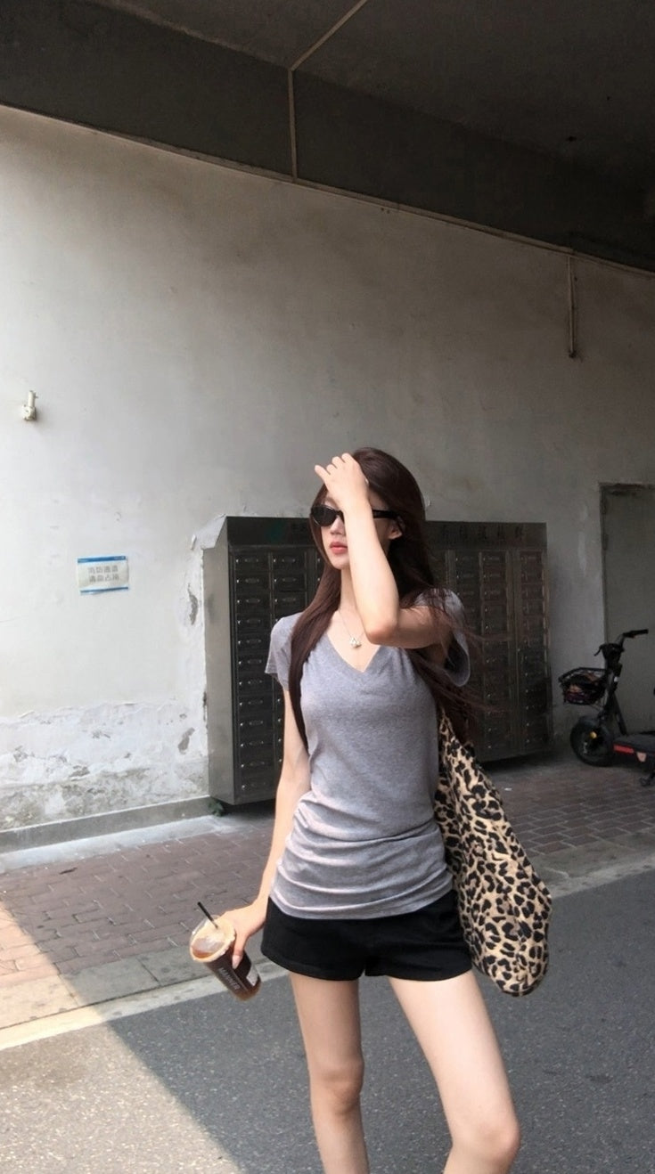 V Neck Grey Short Sleeve Summer Top