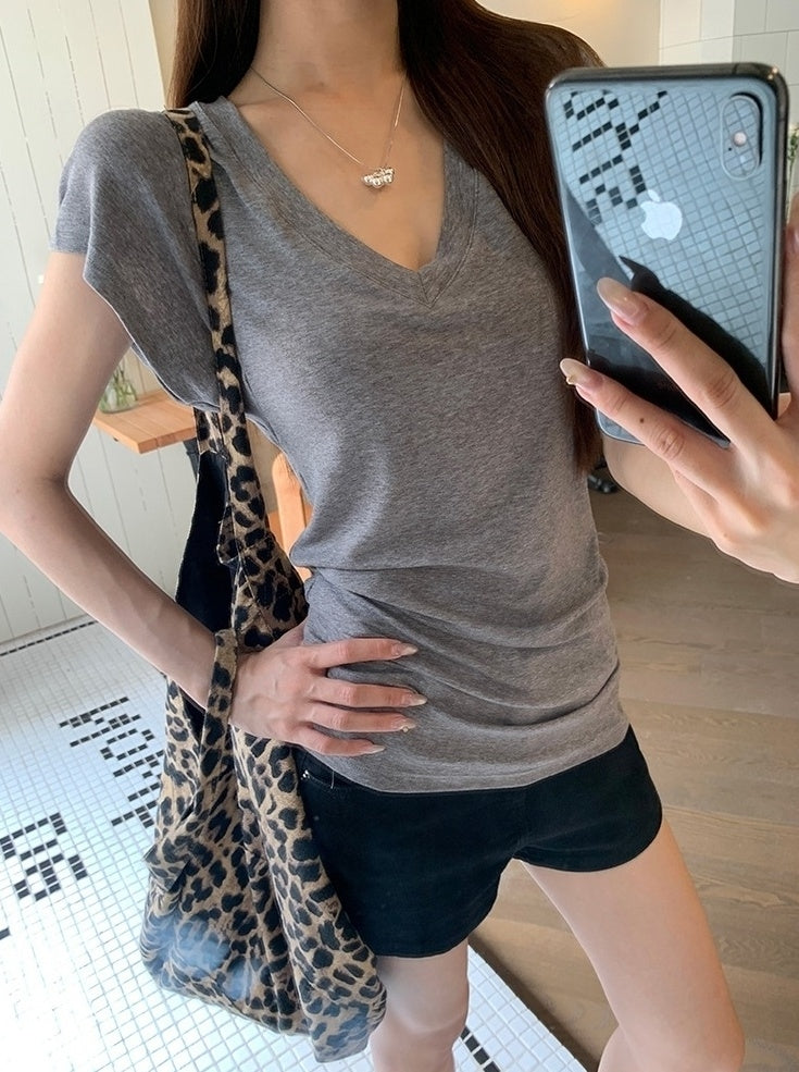 V Neck Grey Short Sleeve Summer Top