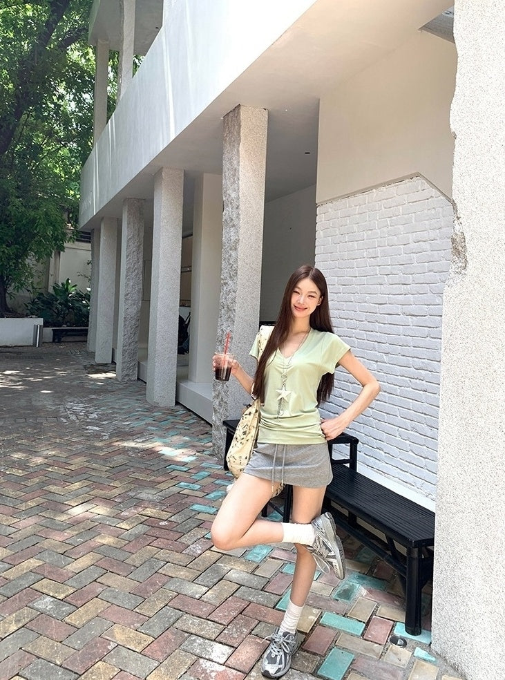 V Neck Grey Short Sleeve Summer Top