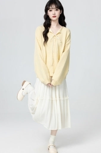 V Neck Knit Cardigan Light Yellow Tie Front Sweater