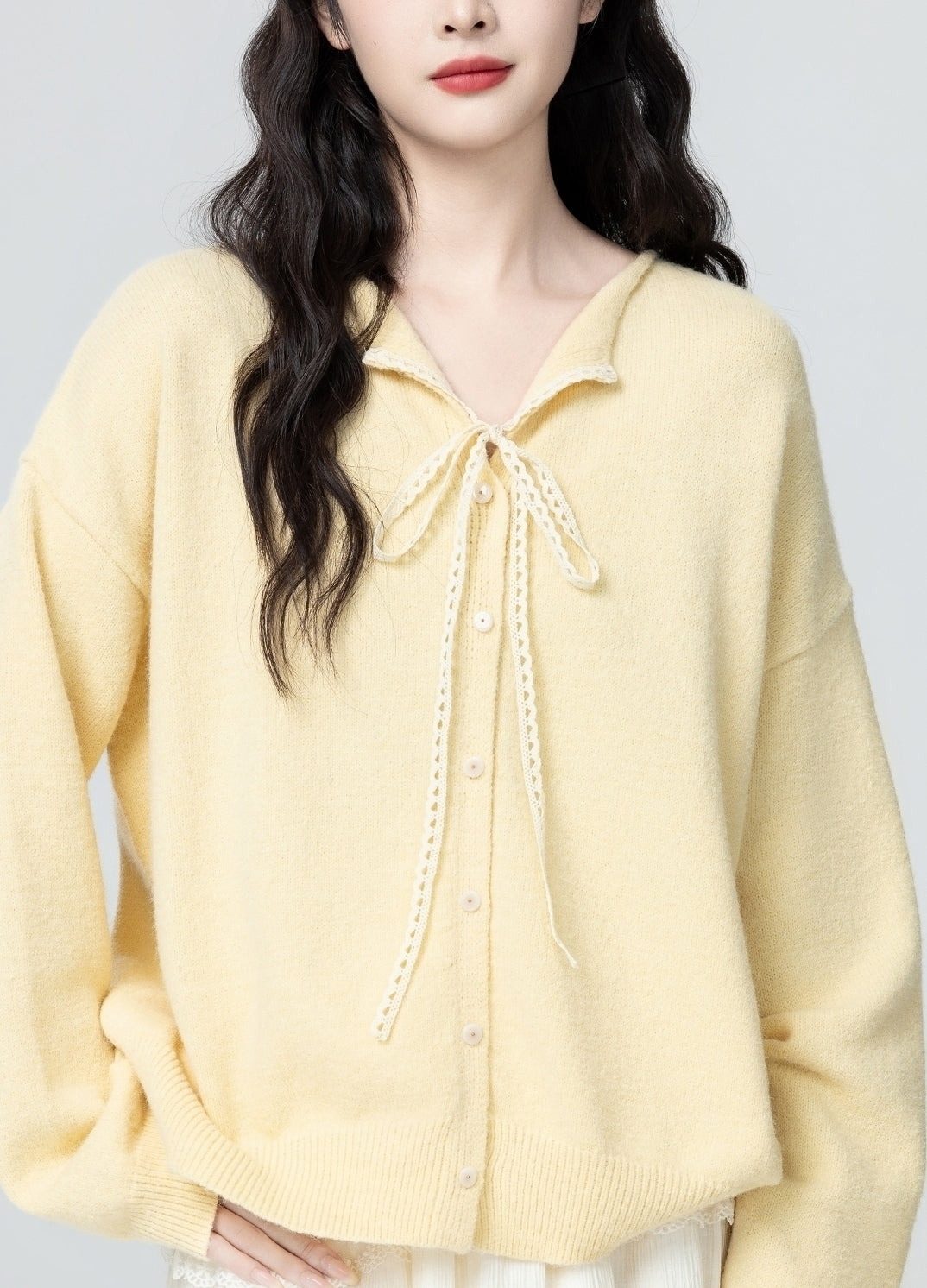 V Neck Knit Cardigan Light Yellow Tie Front Sweater