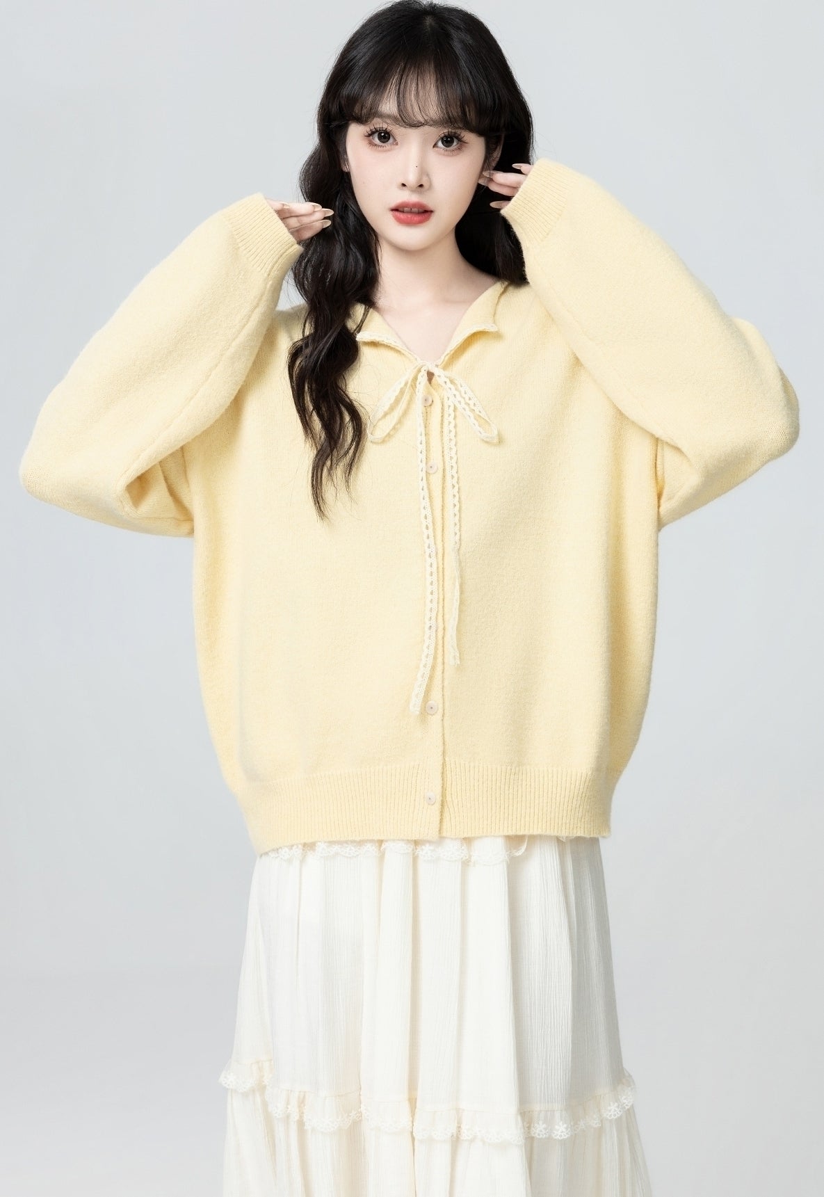 V Neck Knit Cardigan Light Yellow Tie Front Sweater