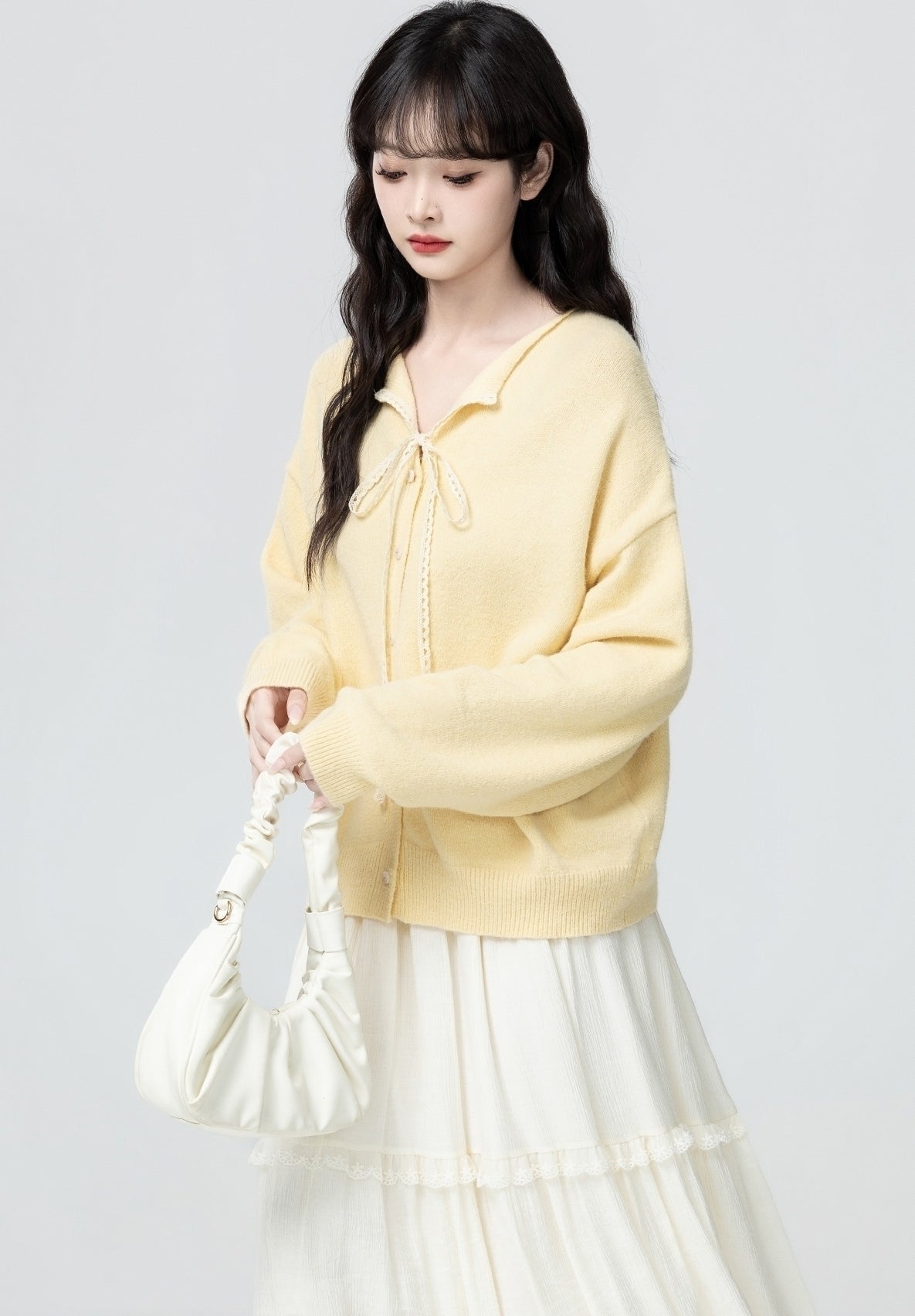V Neck Knit Cardigan Light Yellow Tie Front Sweater