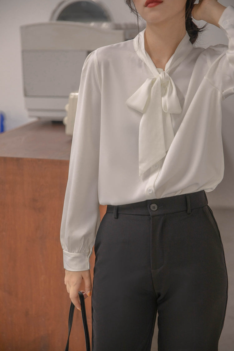 Beige Chiffon Bow Tie  Blouse