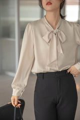 Beige Chiffon Bow Tie  Blouse