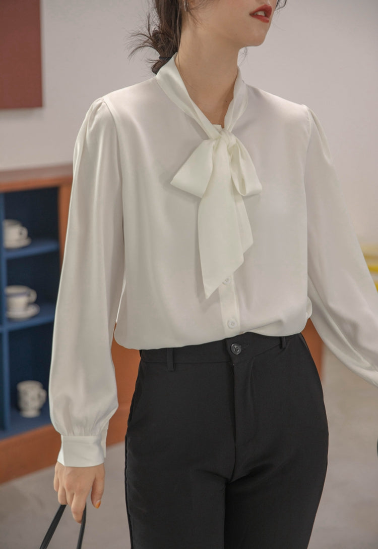 Beige Chiffon Bow Tie  Blouse