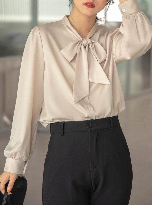 Beige Chiffon Bow Tie  Blouse