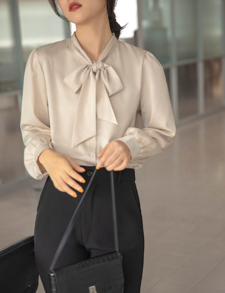 Beige Chiffon Bow Tie  Blouse