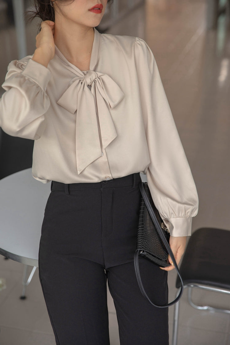 Beige Chiffon Bow Tie  Blouse