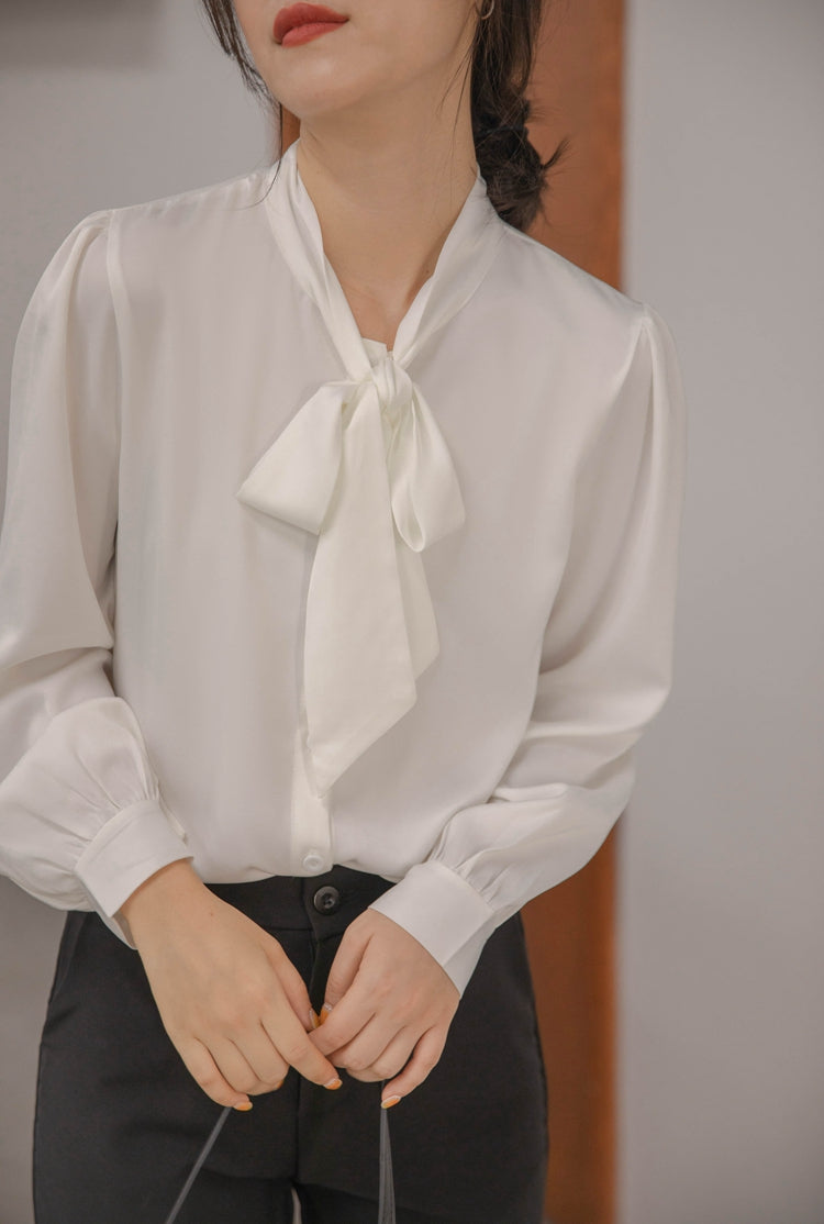 Beige Chiffon Bow Tie  Blouse