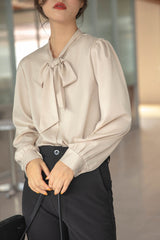 Beige Chiffon Bow Tie  Blouse