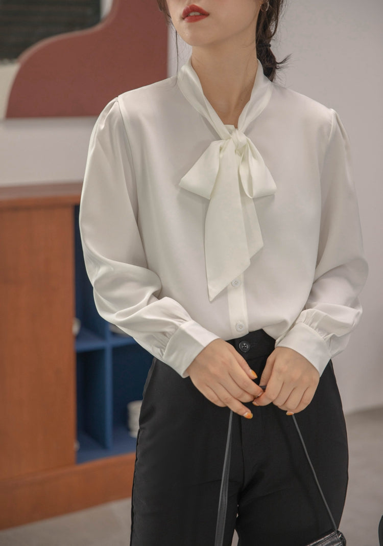 Beige Chiffon Bow Tie  Blouse