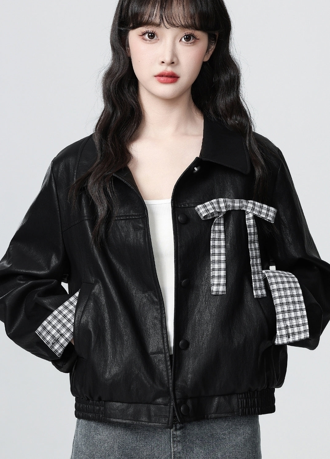 Vintage Black Pu Leather Cropped Jacket With Bow Collar