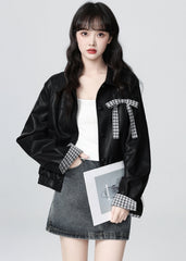 Vintage Black Pu Leather Cropped Jacket With Bow Collar