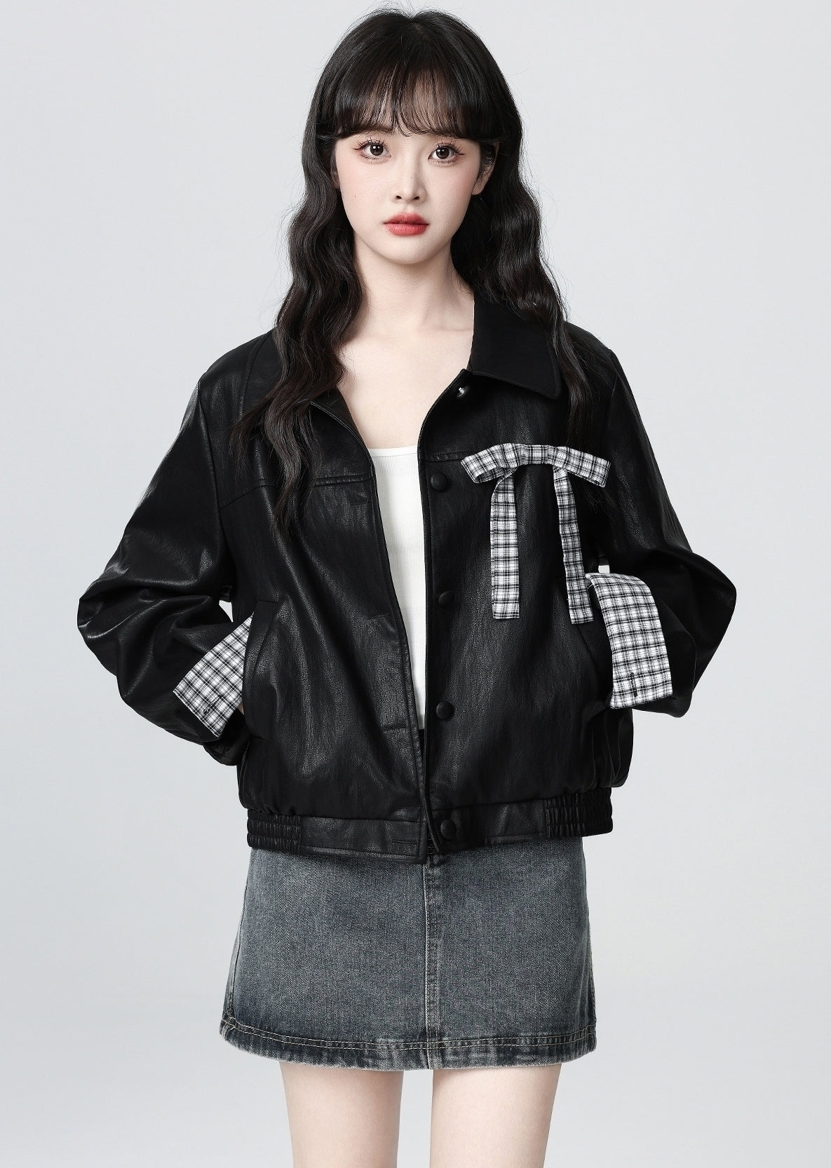 Vintage Black Pu Leather Cropped Jacket With Bow Collar