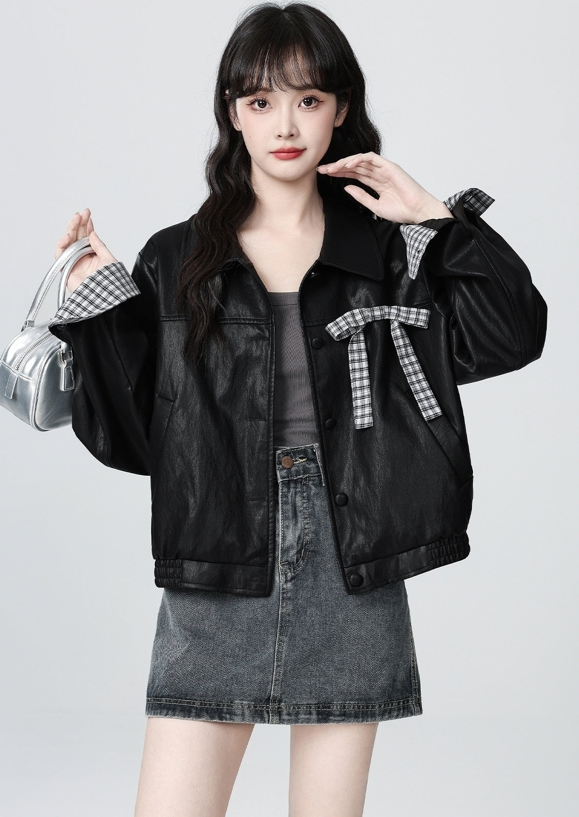 Vintage Black Pu Leather Cropped Jacket With Bow Collar