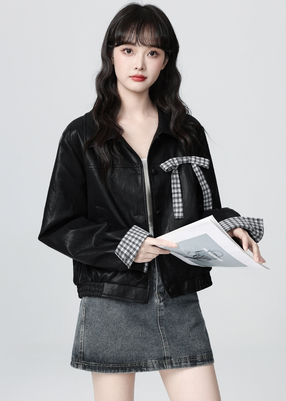 Vintage Black Pu Leather Cropped Jacket With Bow Collar