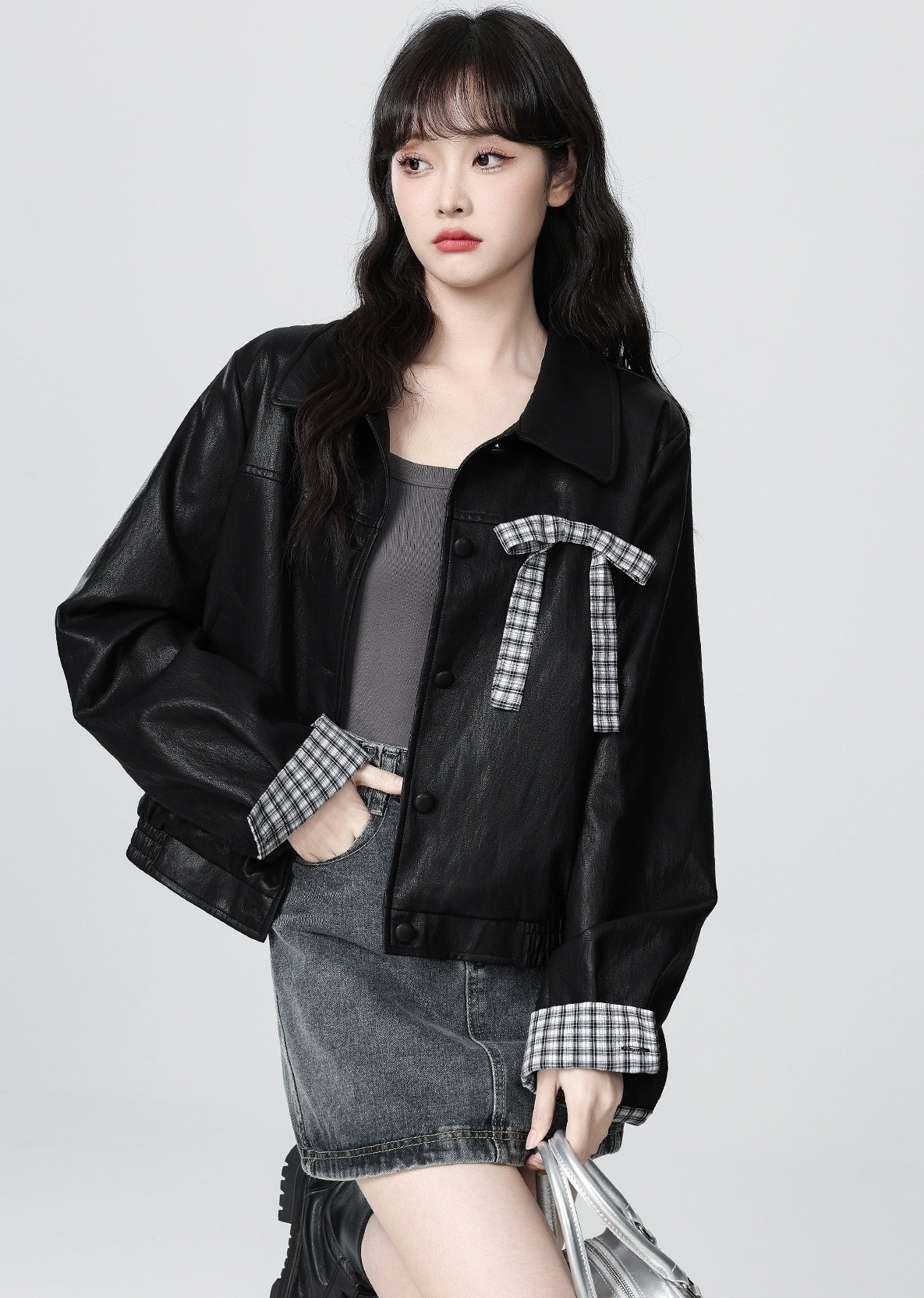Vintage Black Pu Leather Cropped Jacket With Bow Collar
