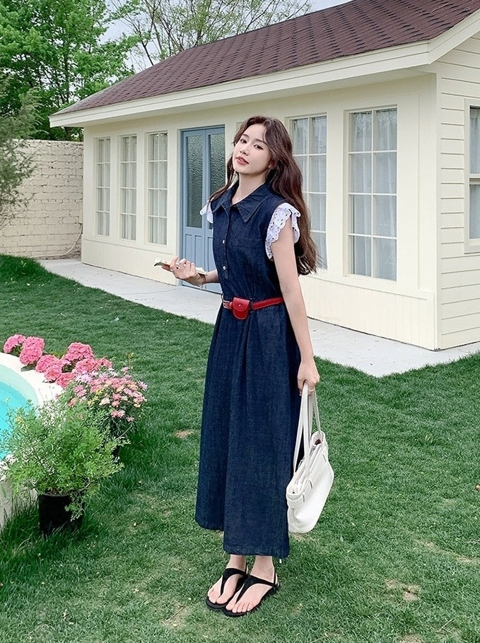 Vintage Blue Denim Collared Waist Slimming Dress
