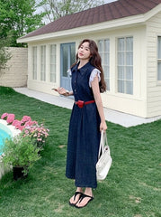 Vintage Blue Denim Collared Waist Slimming Dress
